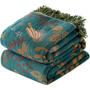 Throw Blanket for Couch Cozy Cotton Blankets,Soft Gauze Boho Throw Blanket Birds and Floral Doubel Side Embroidery,50"x60" Comfy Muslin Blankets for Sofa Chair