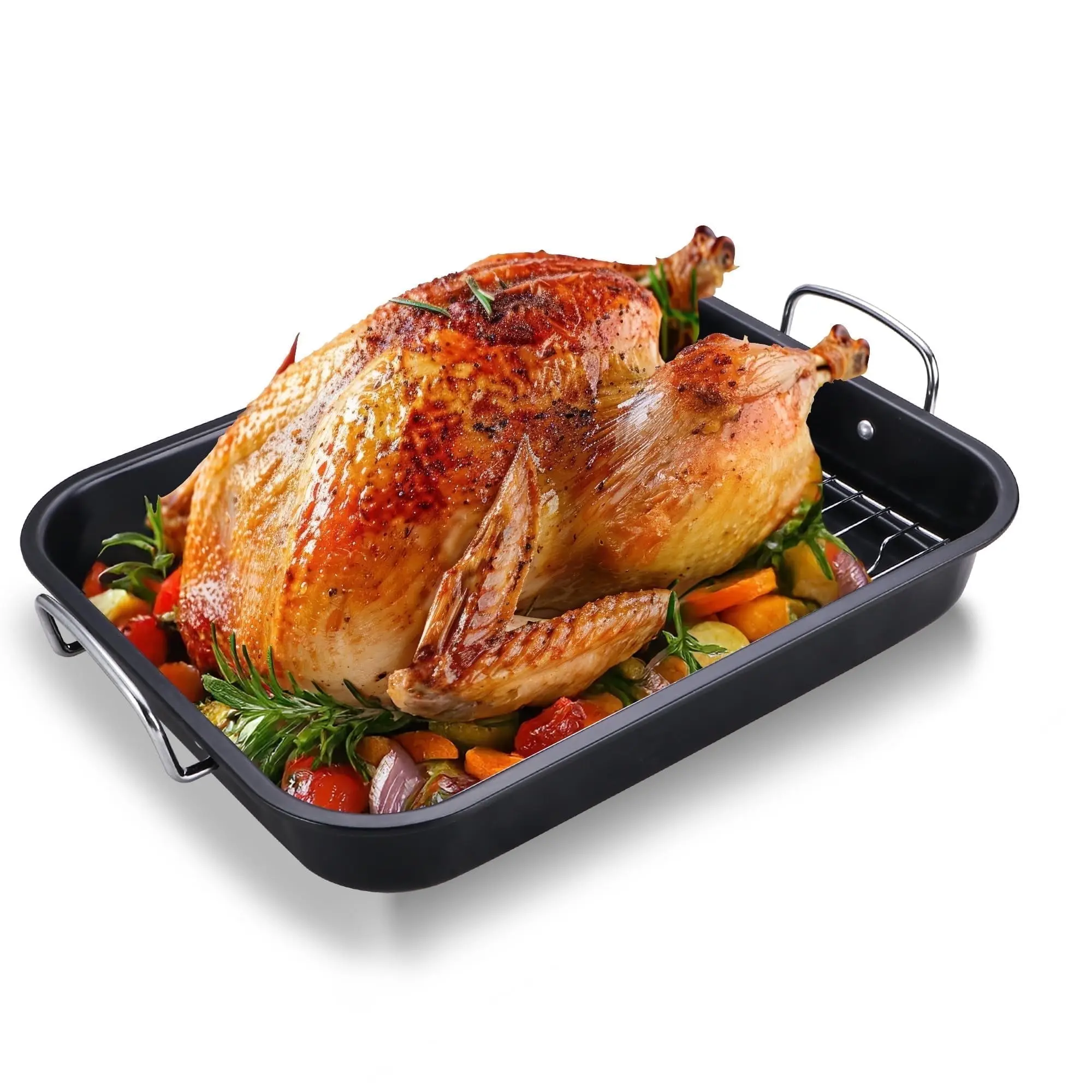 HONGBAKE Small Roasting Pan with Flat Rack, 16"x11.5" Nonstick Turkey Pan for Oven, Chicken Roaster Tray , Baking Pans for Cooking Lasagna with Stainless Steel Handles