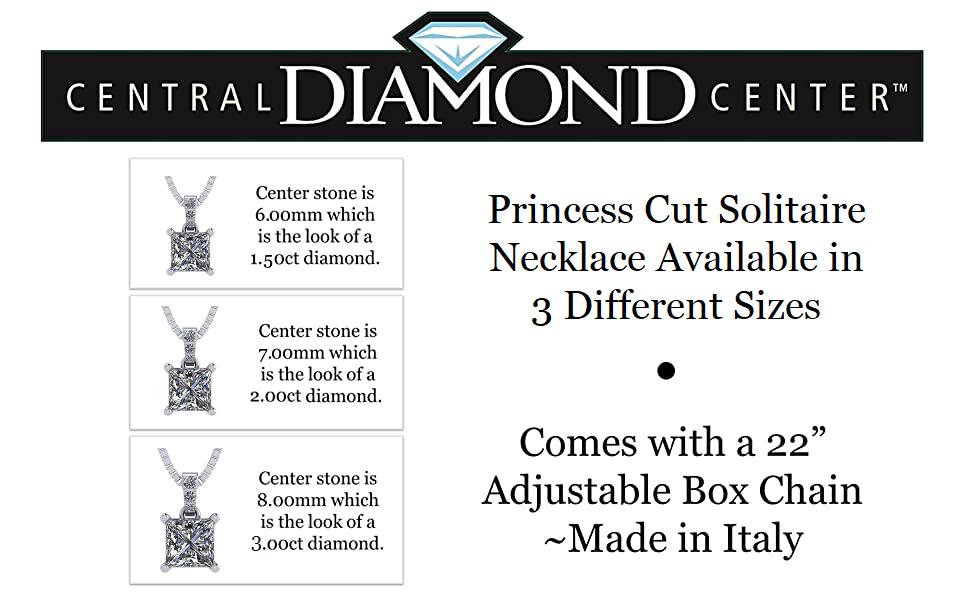 Princess Cut Solitaire Necklace, 4 Prong Sterling Silver w/Pure Brilliance Zirconia, 6.0mm, 7.0mm & 8.0mm