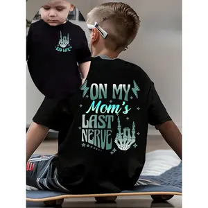 Boys' "On My Mom's Last Nerve" Graphic T-Shirt - Black Casual Summer Tee with Playful Lettering & Crown Design, Soft Cotton Blend, Machine Washable, Short Sleeve Round Neck Top for Youngsters, Youngsters Boy Shirts