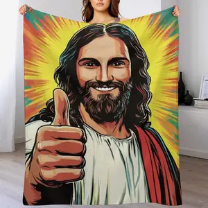 Flannel Fleece Blanket, Pop Art Thumbs Up Jesus Meme Aesthetic Design Soft Throw, Cozy Warm Humorous Christian Gift for Couch Bed