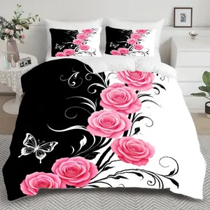 3-Piece Quilt Set with 1 Quilt & 2 Pillowcases, Elegant Rose Butterfly Print, Soft Breathable Comfort, Ideal for Bedroom Hotel Room