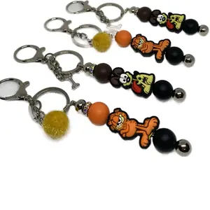 Silicone Beads Bar Keychain with Charm - Bone & Faux Fur Ball