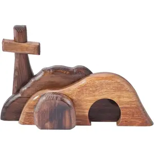 EIJ - Easter Decoration Set, Including Empty Tomb and Cross, Wooden Easter Scene Display, Jesus Tomb Tray, and Nativity Scene Decorative Gift.