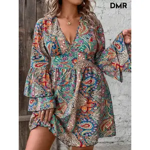 MANIEBD [Plus Size] All Over Paisley Print Ruffle Trim Flounce Sleeve Dress, Boho Deep V Neck Long Sleeve A Line Dress for Vacation Holiday Wedding Guest, Women's Clothes for Fall & Winter, Dresses for Women, Bohemian Longsleeves Womenswear