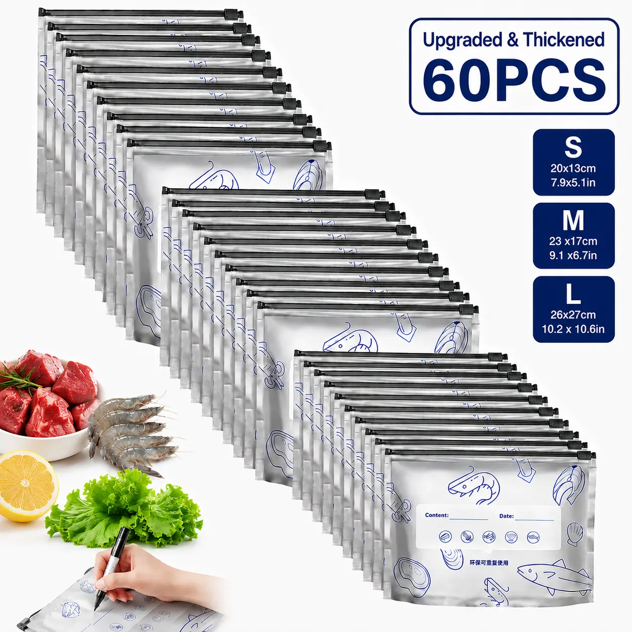 60PCS 3 Size Reusable Aluminum Foil Sealable Storage Bags 2026 New Resealable Vacuum Zipper Pouches for Food Stand Up Foil Sealable Bags with Label and Zip Lock for Vegetable Fruit Meat