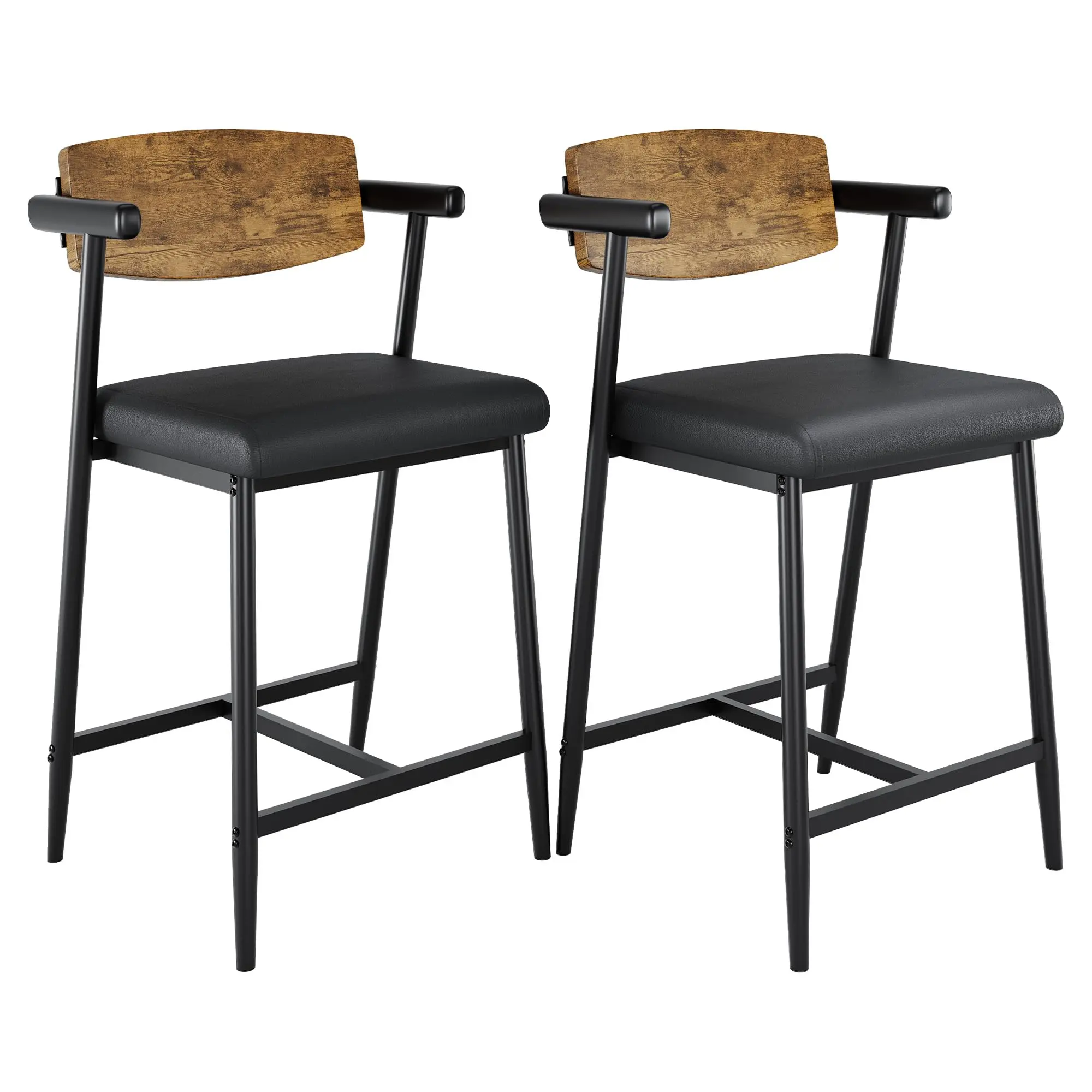 Garvee Bar Stool with Wooden Backrest and Footrest, Padded Bar Chair, Metal Frame, Kitchen Stool with Armrests, Industrial Dining Chair for Kitchen Island, Countertop (Brown)
