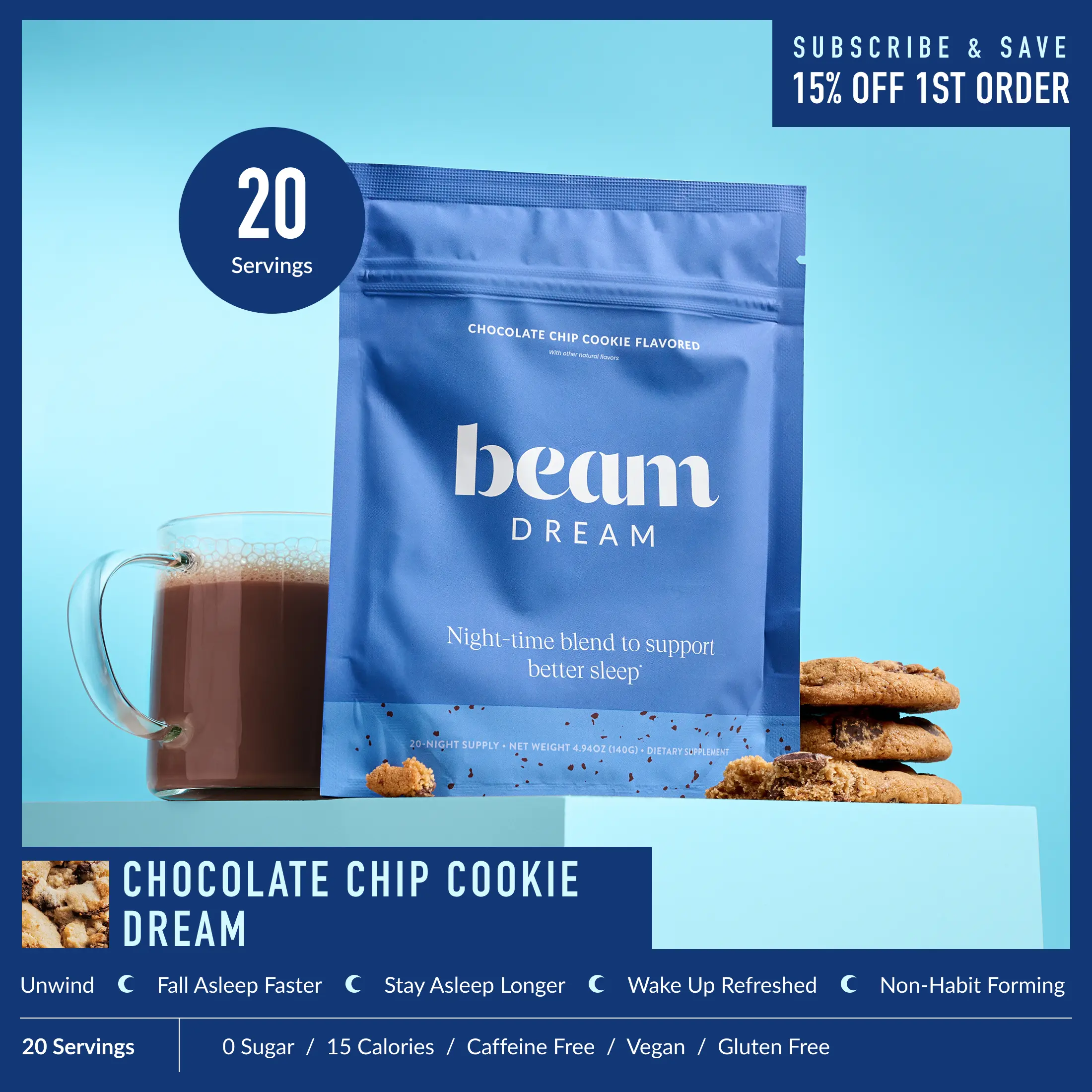 Beam Dream Clean Low Calorie Sugar Free Nighttime Dietary Hot Cocoa Milk Powder Supplement - 20 Servings, Chocolate Chip Cookie Chocolate Flavor, Sleep Support, Melatonin, L-Theanine, Magnesium, Self Care Products |Summer Sale