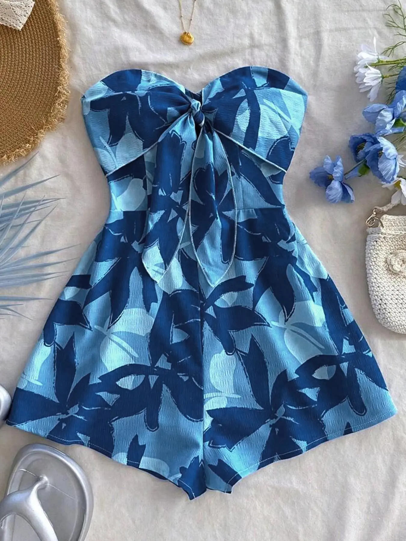 Boho Bohemian Watercolor Silhouette Print Backless Romper, Casual Wrap Jumpsuit, Strapless Sleeveless Loose Fit, Perfect for Vacation, Cruise, Party, Date, Valentine's Day, Summer Casual Jumpsuit