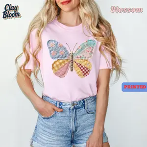 Faux Patchwork Butterfly T-Shirt | Comfort Colors Retro Floral Graphic Tee | Bohemian Style Butterfly Shirt | Unique Patchwork Print Aesthetic Top | Women's Casual Spring Summer Fashion Apparel | Oversized Comfort Fit Tee - By Clay Bloom