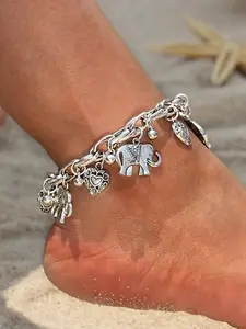 Retro Silver Women's Anklet featuring an Elephant Pendant — An Adjustable Box Chain Ankle Bracelet with Animal and Heart-Shaped Bead Accents, Perfect for Summer Beachwear and Stylish Beach Party Accessories.