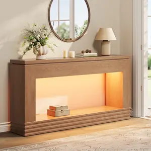 Sikaic 63'' Console Table with LED Light, Long Sofa Table Behind Couch, Fluted Entry Tables, Mid-Century Modern Foyer Stand for Entryway, Hallway, Living Room, Walnut Brown