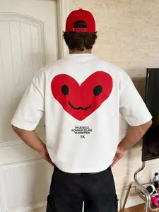 "Happy Heart" Cute Street Tee - White, Sweet Vibe  Red Heart Smiley & Retro Text Print, Heavyweight Cotton, Oversized Fit. #HappyHeartCuteStreetTee #StreetStyle