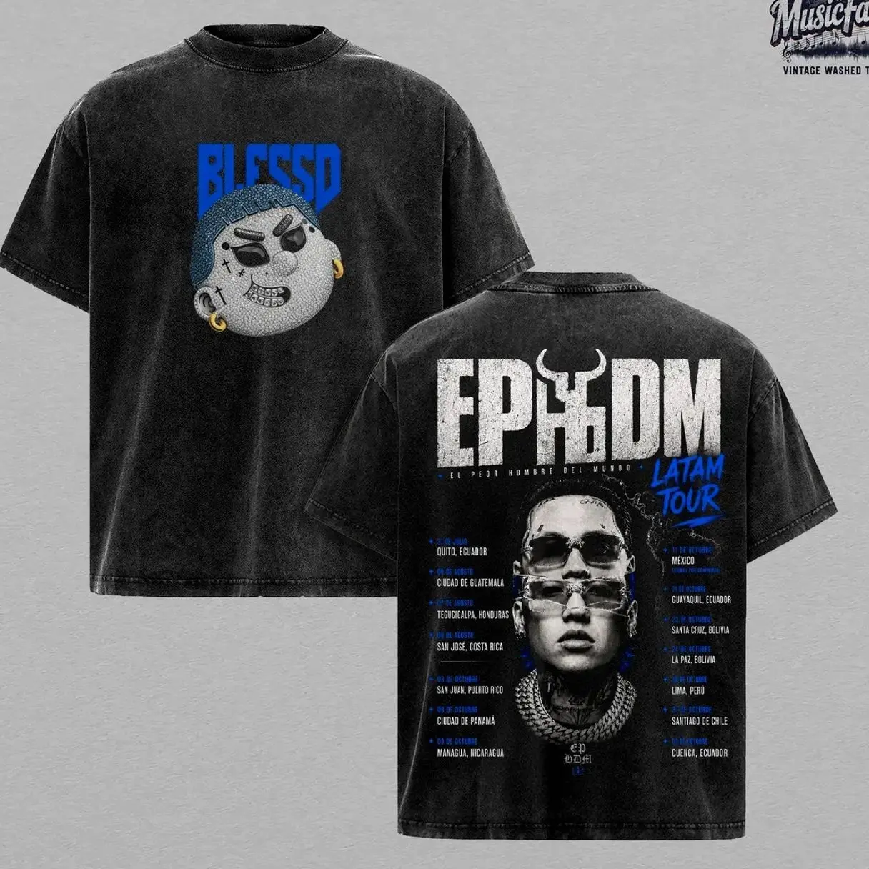 Blessd E.P.H.D.M. LATAM Tour Vintage Washed Oversized T-Shirt, El Peor Hombre Del Mundo Double Sided Graphic Tee, Heavyweight Cotton Latin Trap Reggaeton Streetwear Shirt, Concert Tour Merch Unisex Fan Gift 8N1