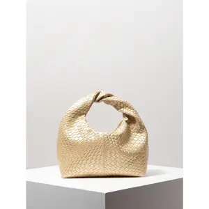 Fashionable Asymmetric Double Twist Square Handbag, PU Woven Pattern Tote Bag, Minimalist Versatile Work Bag, Top Handle Wallet