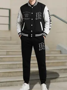 College Style 2 Piece Baseball Pilot Jacket and Sweatpants Set, Cozy Long Sleeve Color Block Jacket for Fall & Winter, Fashionable Casual