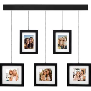 Solid Wood Collage Picture Frame Set of 5, Black Gallery Wall Hanging Frames with Adjustable Metal Chains, Displays Two 5x7 and Three 7x7 Photos,Ideal for Living Room, Hallway and Home Decor