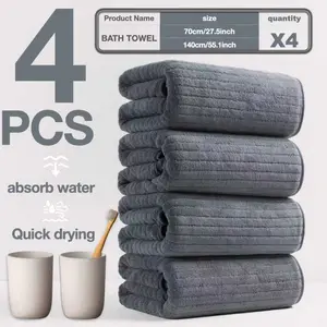 A Set of 4 Striped Coral Fleece Bath Towels, Measuring 70X140CM, Soft, Absorbent, And Quick-Drying, Featuring a Striped Design, Suitable for Home, Bathroom, Beach Outings, Swimming, Family Activities, And Fitness.