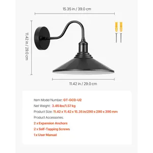 VEVOR Outdoor Barn Light, 11.5 in Diameter, 2-Pack Farmhouse Gooseneck Light Fixture, Exterior Wall Sconce, with Vintage Style, Anti-Rust, E26 Bulb Compatible for Porch, House, Entryway, Garage, Black