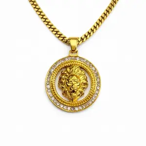 Franco 4mm Chain with Lion Pendant Gold Plated Stainless Steel 18" 22" 24" Unisex Necklace