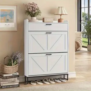 Large Capacity Farmhouse Shoe Cabinet - Oak White Freestanding Design with 2 Flip Drawers, Adjustable Compartments, Heavy Duty Build & Side Hooks