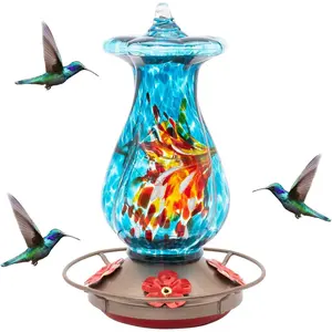 Hummingbird Feeders for Outdoors Hanging Glass 20oz, Decorative Feeder with Blown Stained Waterdrop Glass Design for Outdoors and Backyard, Easy Fill with 4 Nectar Feeding  (Sky Blue)