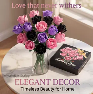 Flowers Bouquet Building Set  12-Stem Pink Roses Botanical Collection  for Women, Adults, and Girls 14+ – Perfect for Home and Office Décor