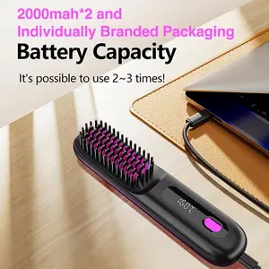 Portable cordless hair straightener comb, 3 Adjustable temperature settings, negative ion technology, long-lasting shine, LED display, lightweight and perfect for travel, includes comb and clips.
