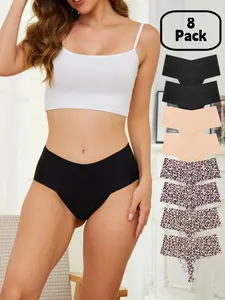 Women's Leopard Print V-Neck High-Waisted Underwear Set, Slim Fit Everyday Casual Elegant Comfortable Panties, All Season Basic Pack of 8