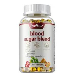 Coolkin Blood Sugar Blend Capsules support healthy blood sugar levels. 120 capsules, each containing nutrients such as Vitamin D, thiamine, niacin, folic acid, and Vitamin B12.