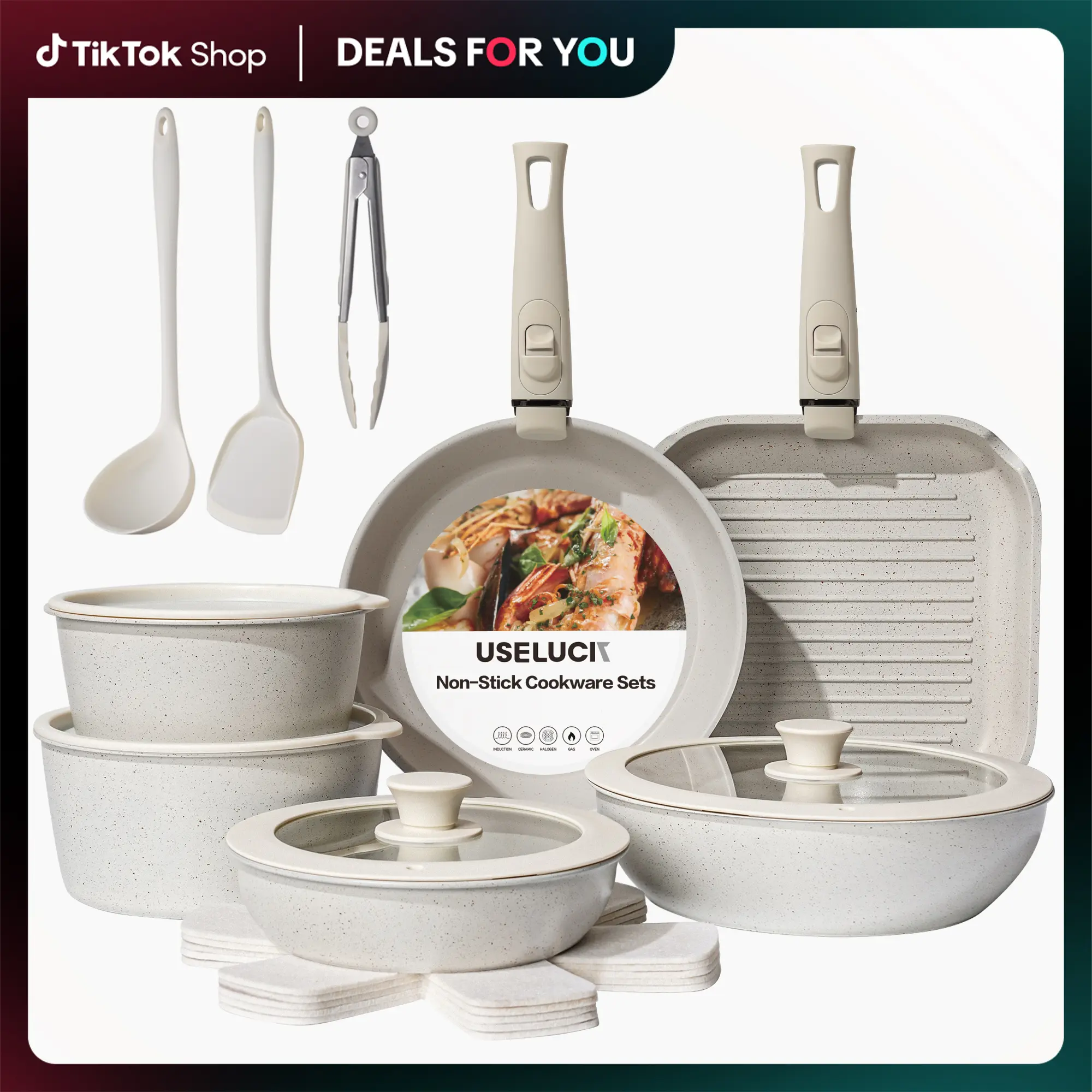 USELUCK 6-Pan 20 Piece Complete Pots and Pans Set, Nonstick Cookware Set with Detachable Handle, Stackable Space Saving Kitchen Set for RV & Home, Oven Safe, Induction Compatible with Lids