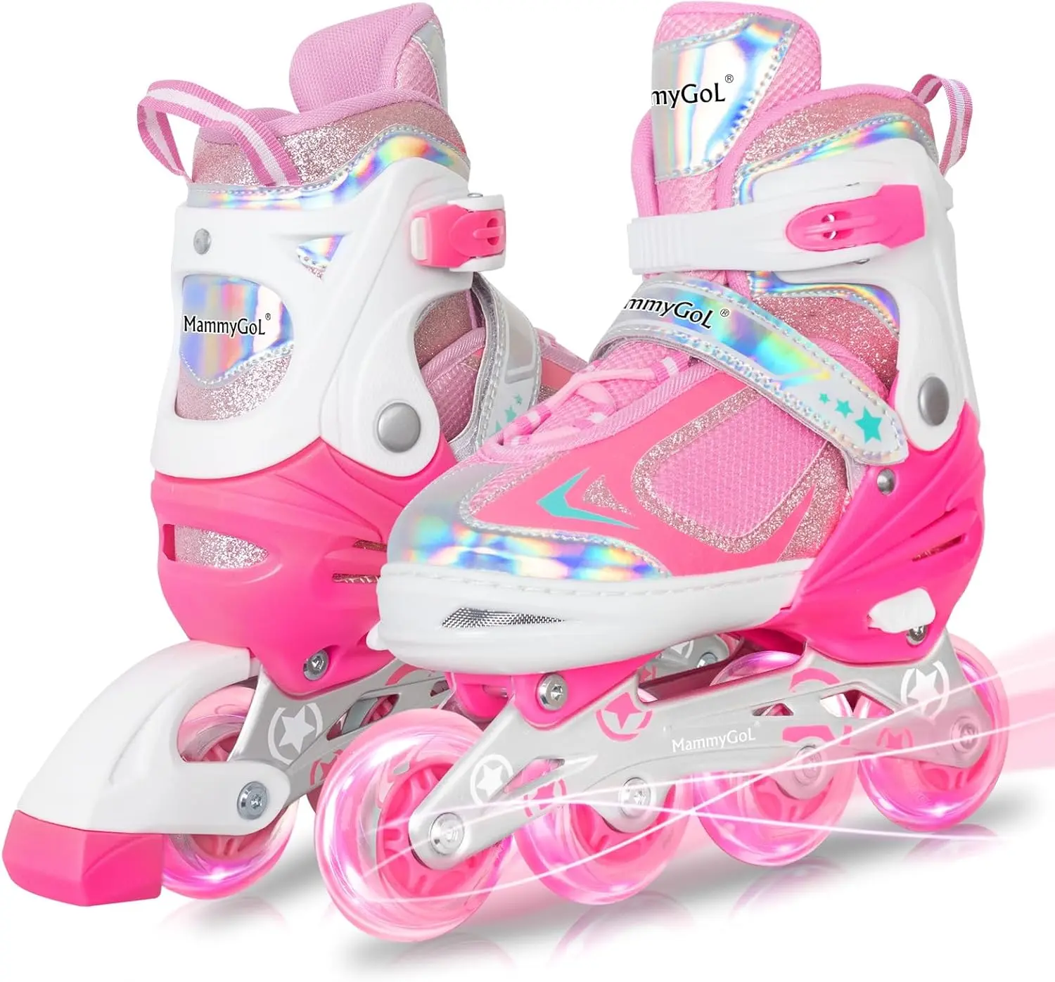 Adjustable Kids Inline Skates 4 Sizes Light Up Flashing Wheels Battery Free Beginner Rollerblades for Boys Girls Ages 4-16 Indoor Outdoor Sports Gift