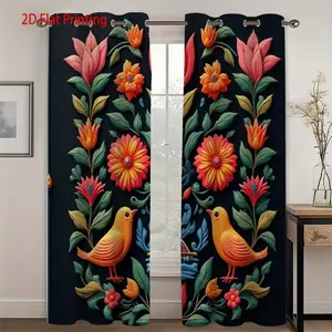 Mexican Folk Art Curtains, Hand-Painted Floral & Bird Patterns, Semi-Transparent Polyester, Ring Top, Living Room Bedroom Kitchen, Window Decorations