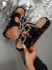 Women's Sequin Double Buckle Thick Sole Sandals, Boho Style Summer Shoes for Parties, Music Festivals, Daily Wear, Y2K Rainbow Sequins, Footwear
