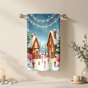 1Pc Christmas themed gingerbread houses with candies and lights Bathroom Hand Towel Bath Towel, Multiple Size Microfiber Towel, Ultra-Soft Quick Dry and Absorbent Polyester Large Bath Towel, Kitchen Towels, Festival