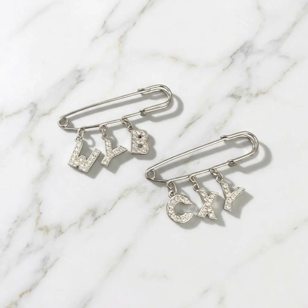 Custom Rhinestone Initial Letter Safety Pin Brooch, Silver A-Z Alphabet Charm Pin, Personalized Name Jewelry, Best Friend Matching Gift For Women Girls, Bag Clothes Scarf Accessory, Birthday Party Favor