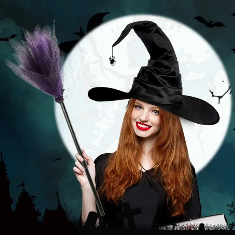 2-Piece Set, Halloween Witch Hat with Broom, Black Pleated Tall Wizard Hat with Spider, Costume Accessories for Role Play & Party