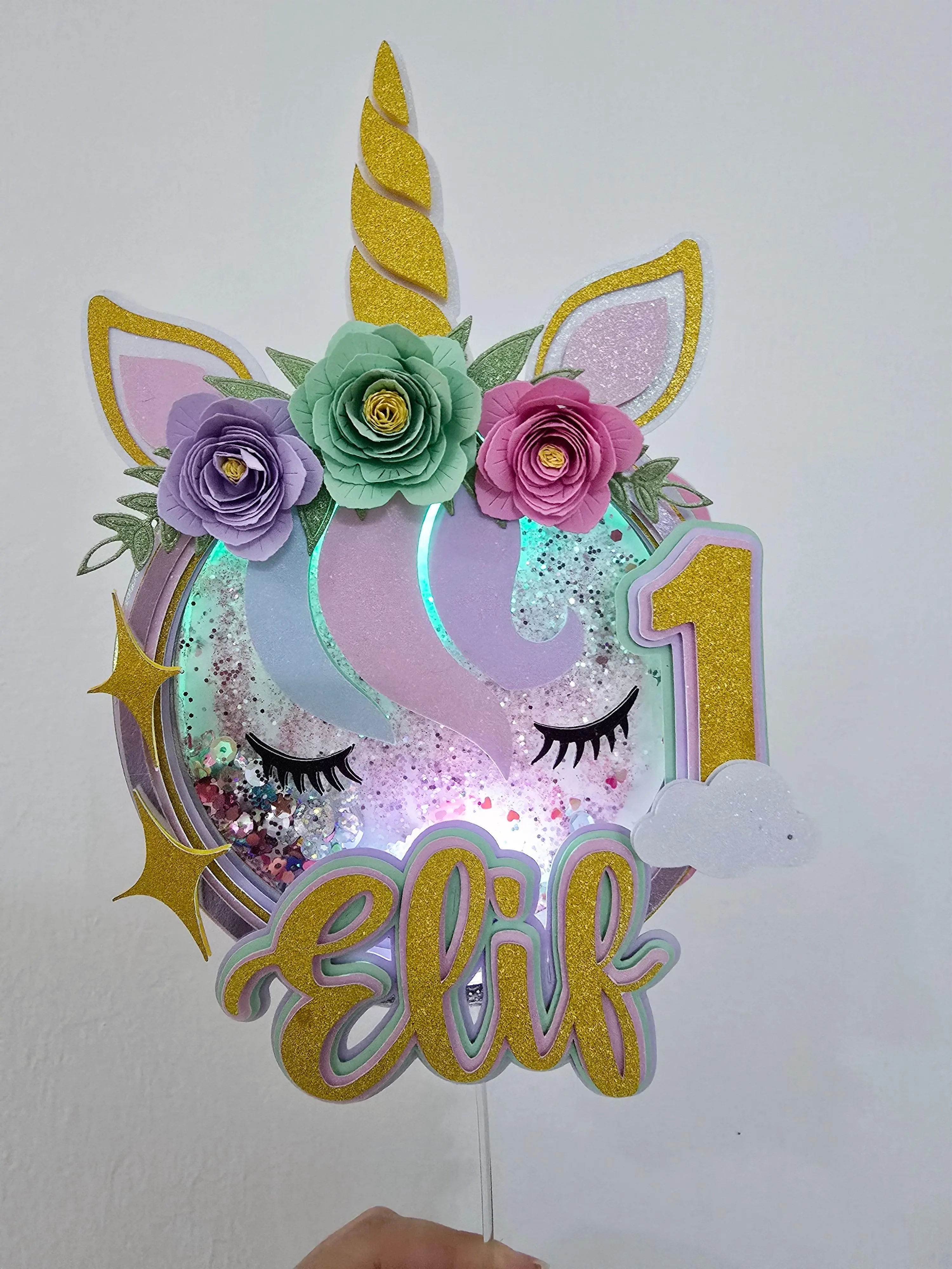 Acrylic Personalized 3D Glitter Unicorn Cake Topper - Insertable Festive Home Supply for Kids' Birthday Party Cake Decorations