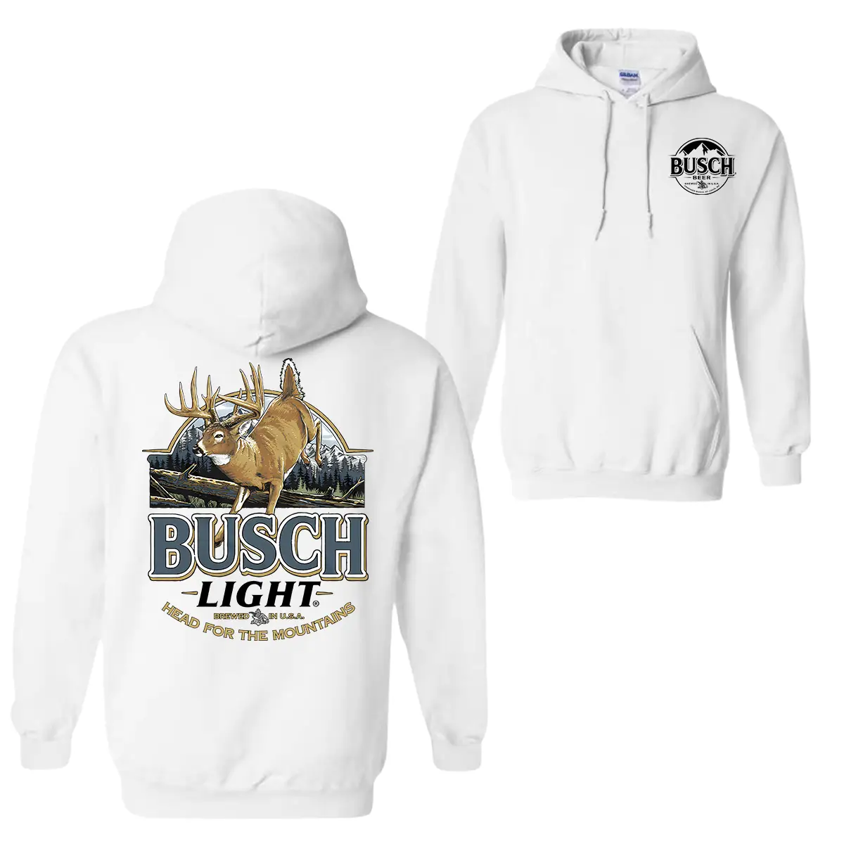 Busch Light Deer Label Hoodie T-Shirt, 2-Sided Vintage Beer Graphic Pullover, Thermal Long Sleeve Top for Hunting & Outdoors, Aesthetic Menswear