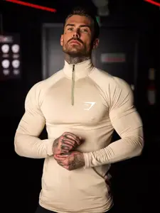 Men's Casual Stand Collar Zipper Short Sleeve Summer Tight Fit Shirt, Sporty Style, Long Sleeve, Spring & Fall, Plain Pattern