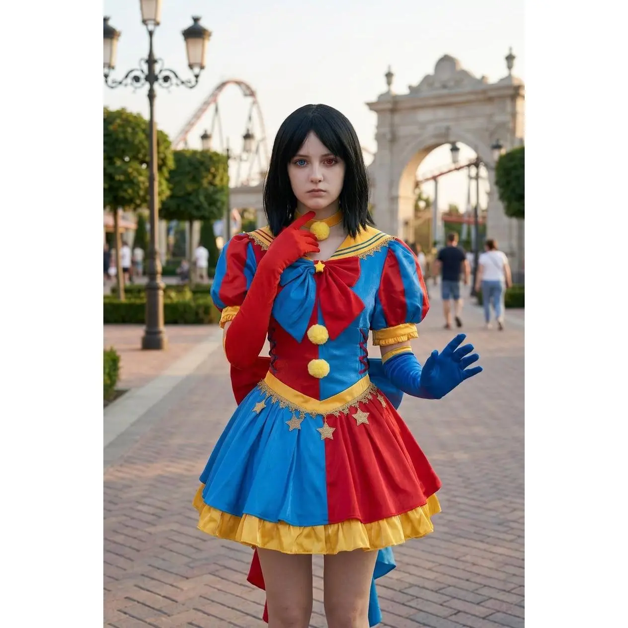 Women's Fitted V-Neck Clown Lolita Costume Full Set - Long Gloves, Bow, Pom-Pom Details, Harlequin Cartoon Design for Halloween, Role Play (Includes Accessories), Trick Or Treat, Cartoon Character, Cute, New Year, No