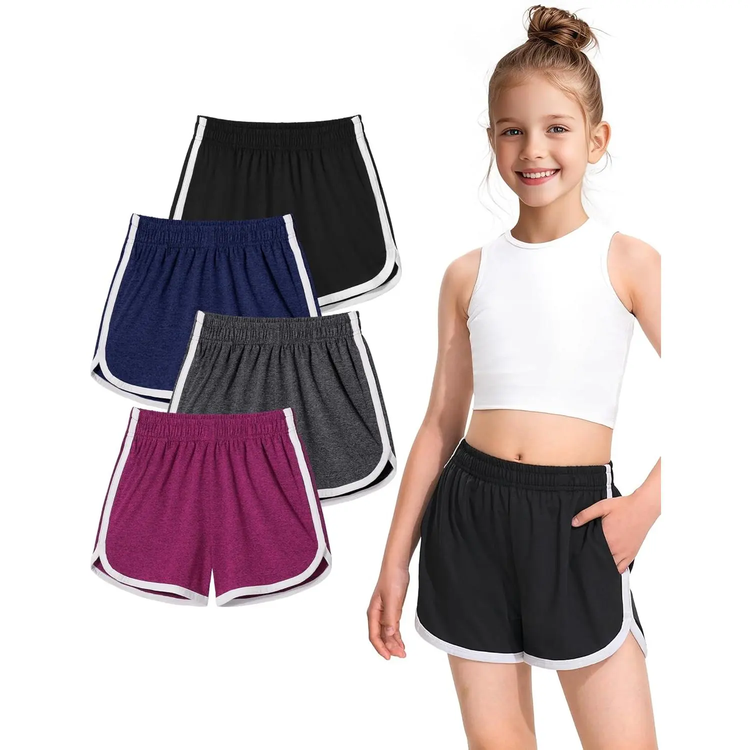 Girls' Youth Shorts 4-Pack, Quick-Dry Athletic Dolphin Style with Pockets for Running, Soccer, and Workout, Youth Short