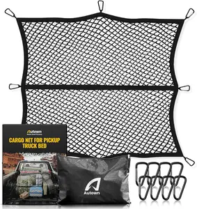 Autown Cargo Net for Pickup Truck Bed, Stretchable 4'x4' to 7'x7', High Elastic Fine Mesh 1''x1'' with 8 Metal Carabiners Webbing Strap Webbing Rope