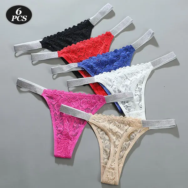 Women's Low-Waist Glitter Elastic Waistband Thongs (6-Pack) - Elegant Sheer Floral Lace Lingerie, Sexy, Comfortable Stretchable, Breathable, Assorted Color Colorful Print, S-L Sizes, for Daily Wear & Sports, 4-Season Use, Sexy Thongs, Assorted Color Thong