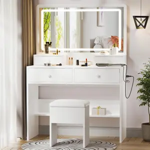 Vanity Desk with Mirror and Power Outlet, Makeup Vanity with Adjustable Brightness and 3 Lighting Modes, Dressing Table Set with 4 Drawers, Storage Chair for Bedroom