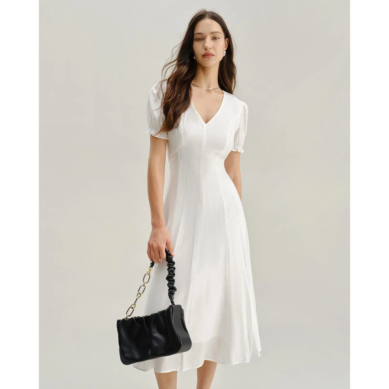 RIHOAS Women's Elegant V-Neck Sheer Puffed Sleeve Waisted A-Line Midi Dress - Non-Stretch Viscose Polyester Fast-Dry Fabric Wedding Guest Casual Dress, Zippered Back, Piece, Casual Wear