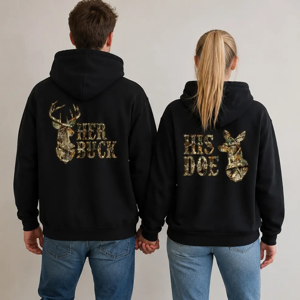 (Sold Separately), Her Buck His Doe Hoodie, Matching Hunting Couple Hoodie, Camo Deer Graphic, Buck and Doe Outdoor Design, Valentine's Day Gift for Hunting Couples, Men's & Women's Hoodie