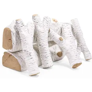 6Pc Ceramic Log Set Birch Wood Style With Stackable Gas Heat Resistant Fake Realistic Fire Wood For Outdoor Indoor Fireplace