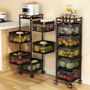 Rotating Kitchen Storage Shelf 5 Tier, Metal Fruit Vegetable Storage Basket Multi-Layer Vegetable Rack Storage Trolley on Wheels, Floor-Standing Basket for Kitchen Bathroom, Square