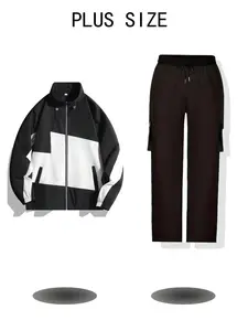 Men's Patchwork Jacket Set, Casual Workwear Long Pants, Side Pocket Design, Suitable for Daily Outdoors, Walking, Sports, Unisex